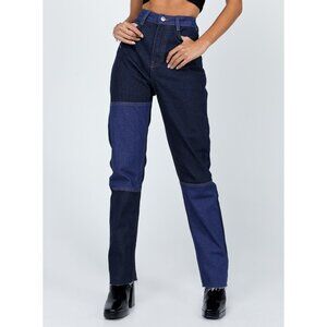 Princess Polly Kyah Colorblock Denim Jeans Dark Wash Cotton Raw Straight Leg 4 S